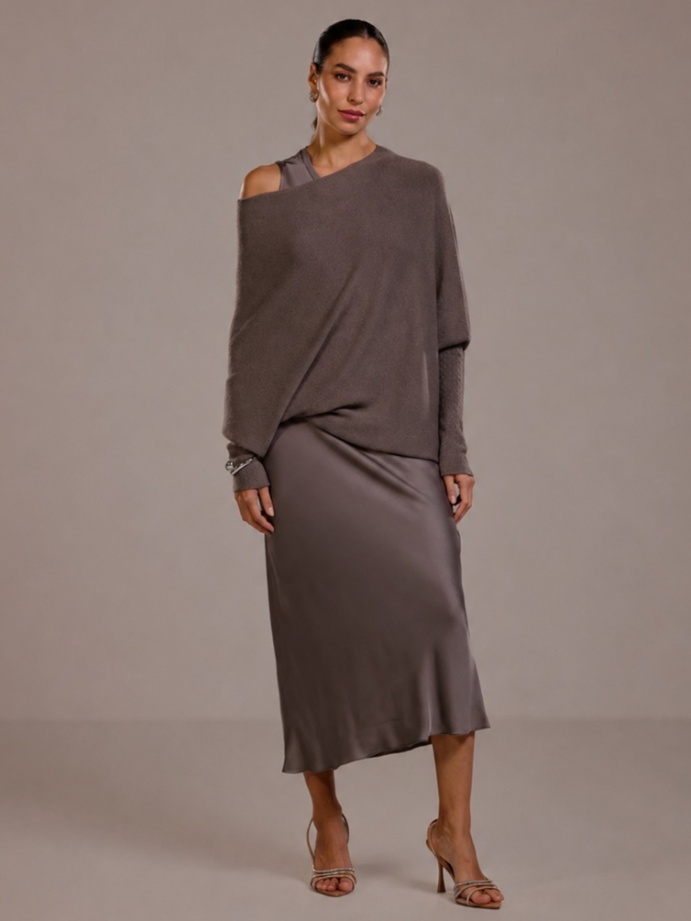 JAKI London Asymmetric Draped Italian Knit Sweater Mink S/M - Picture 5 of 10